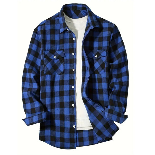 Men's Shirts Button-Up Classic Plaid Smart Casual Flannel Shirt Long Sleeved Chest Two Pockets Design Spring Autumn Men Tops