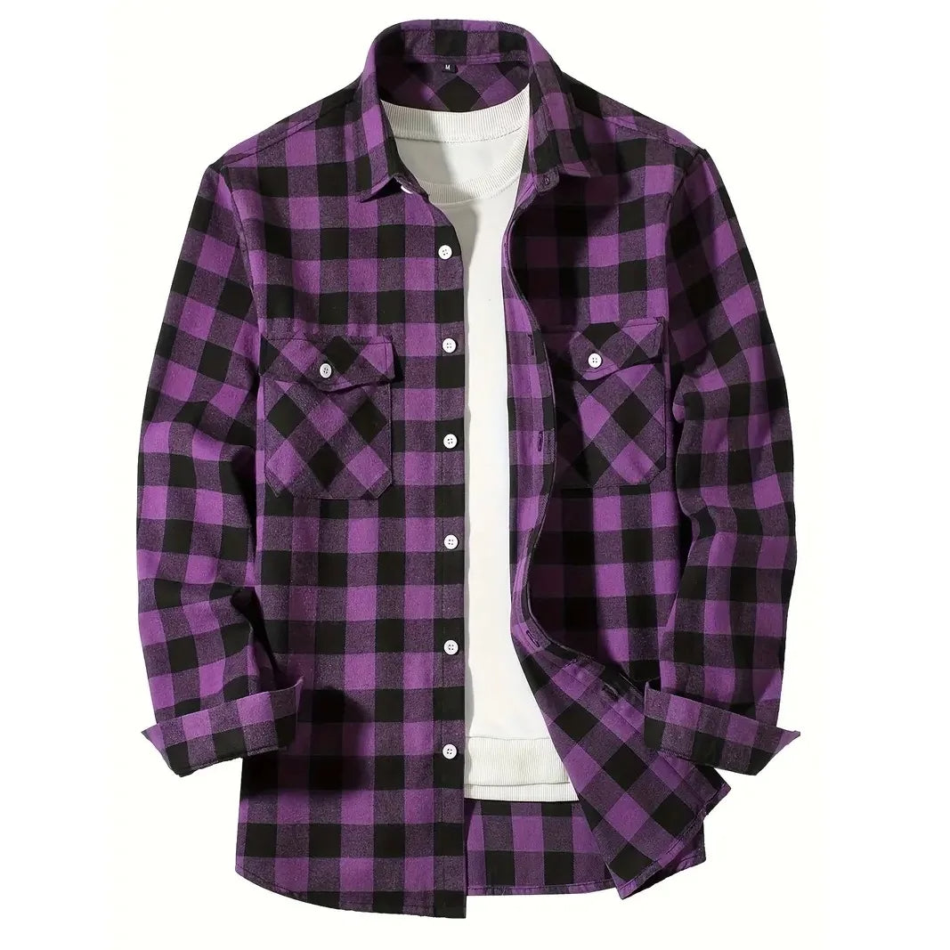 Men's Shirts Button-Up Classic Plaid Smart Casual Flannel Shirt Long Sleeved Chest Two Pockets Design Spring Autumn Men Tops