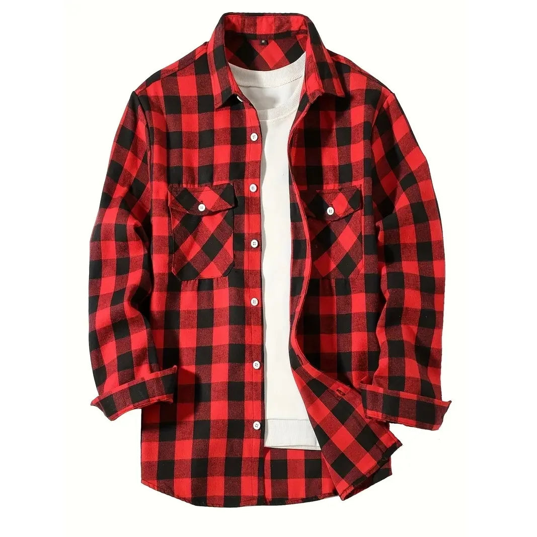 Men's Shirts Button-Up Classic Plaid Smart Casual Flannel Shirt Long Sleeved Chest Two Pockets Design Spring Autumn Men Tops