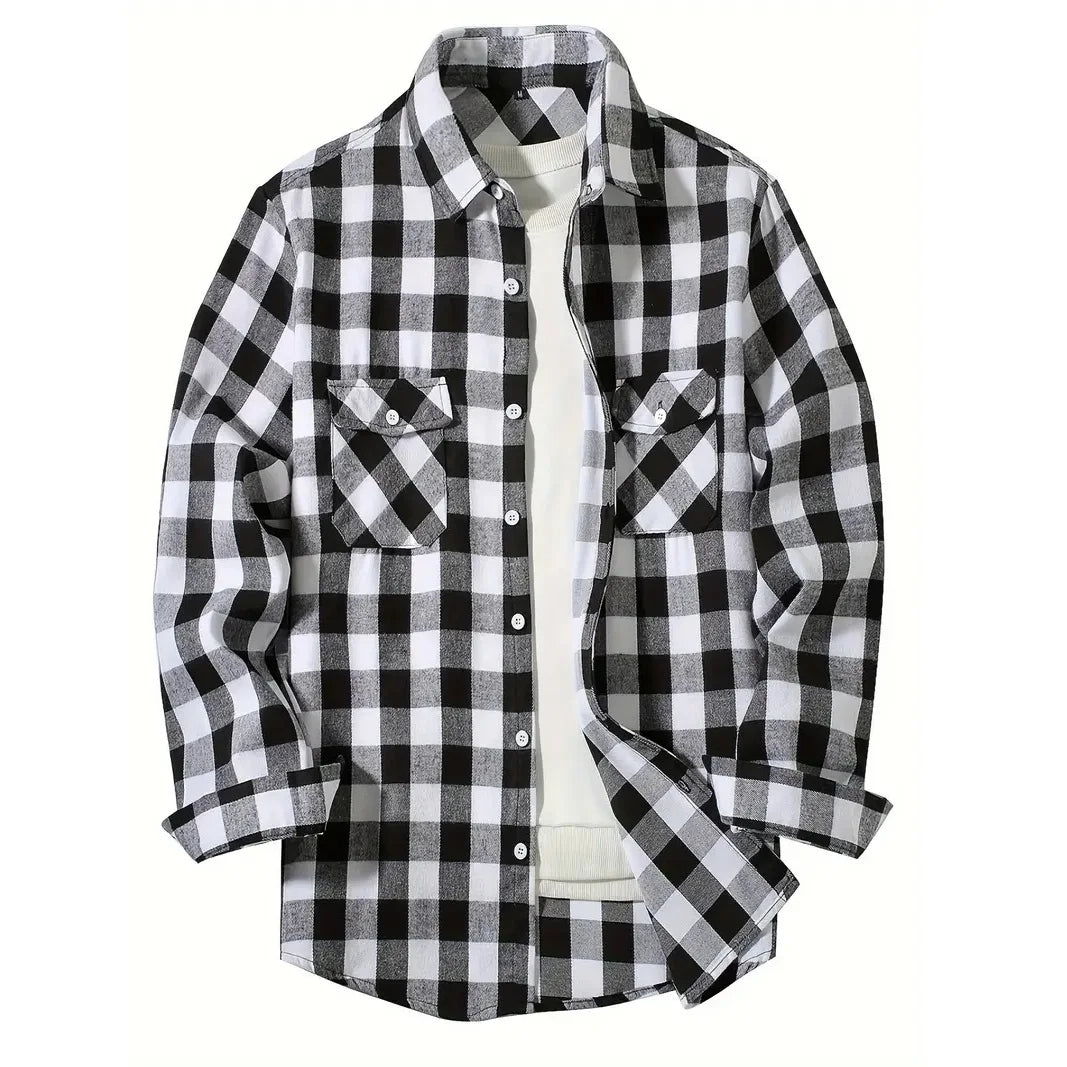 Men's Shirts Button-Up Classic Plaid Smart Casual Flannel Shirt Long Sleeved Chest Two Pockets Design Spring Autumn Men Tops